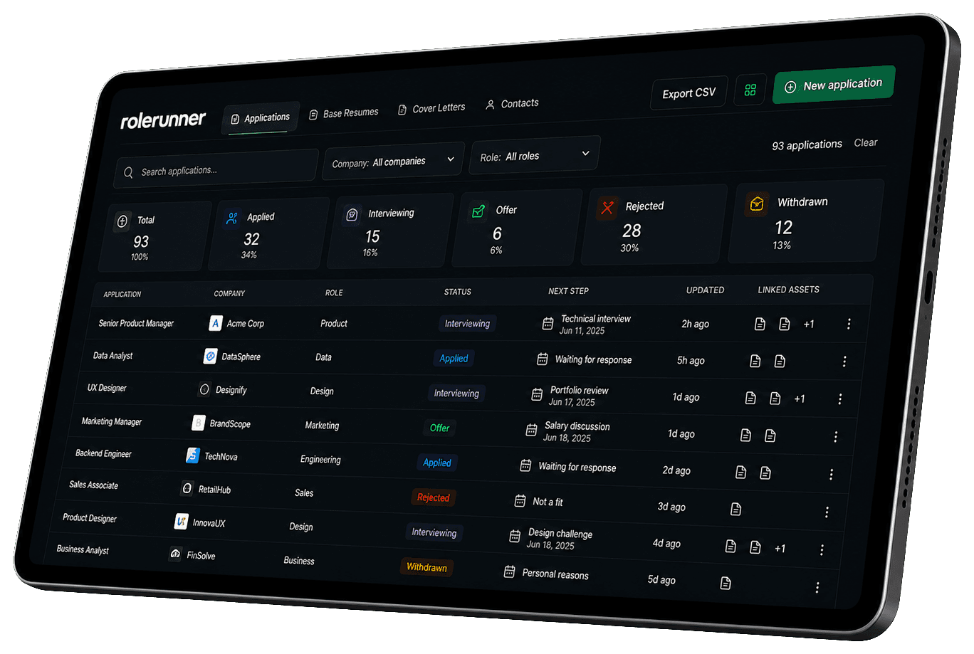 rolerunner application tracker dashboard with application rows, status cards, filters, and linked materials
