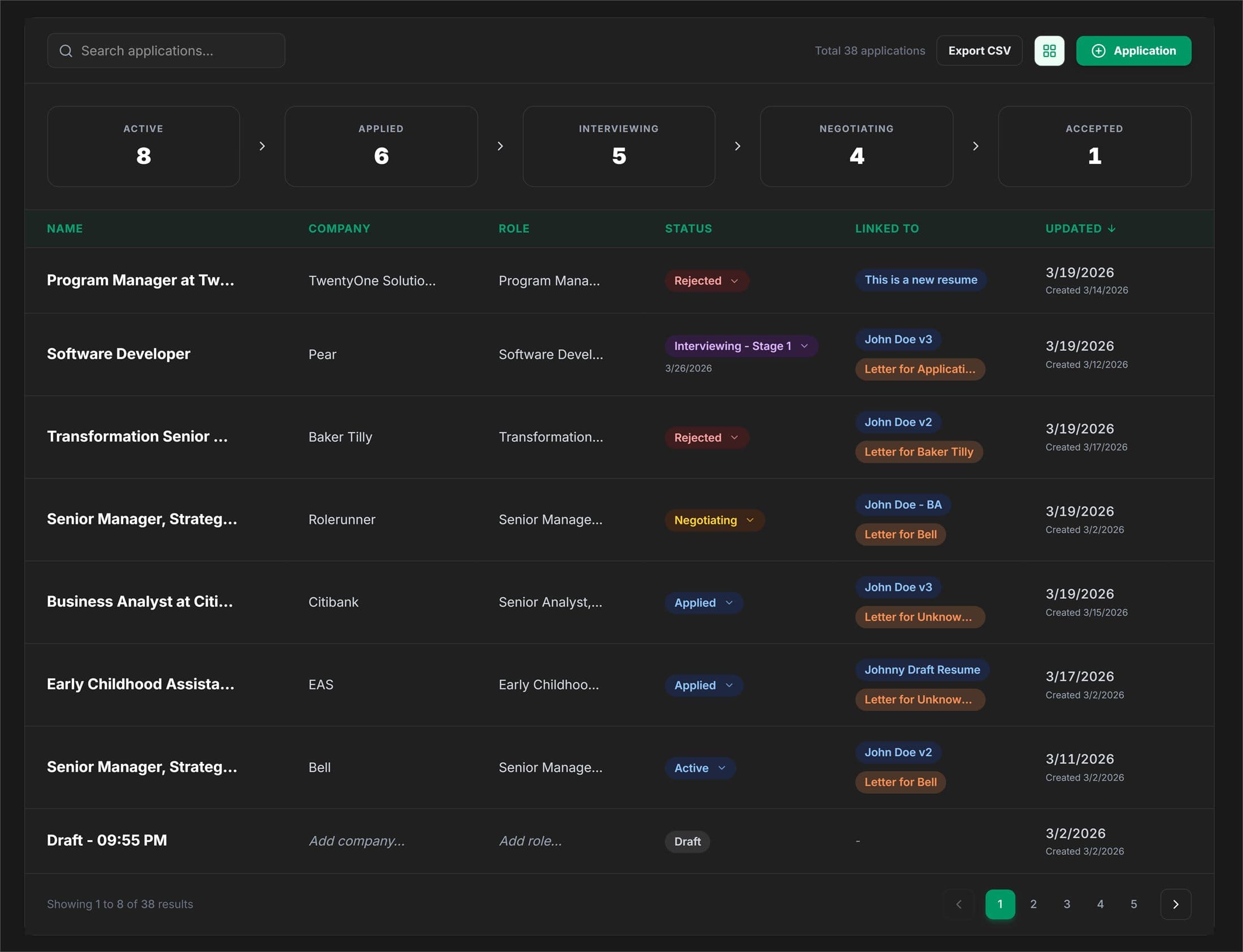 Application tracker table inside RoleRunner