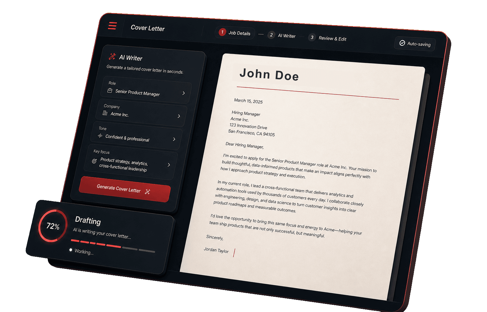 rolerunner cover letter generator creating a John Doe draft inside a dark AI writing workspace