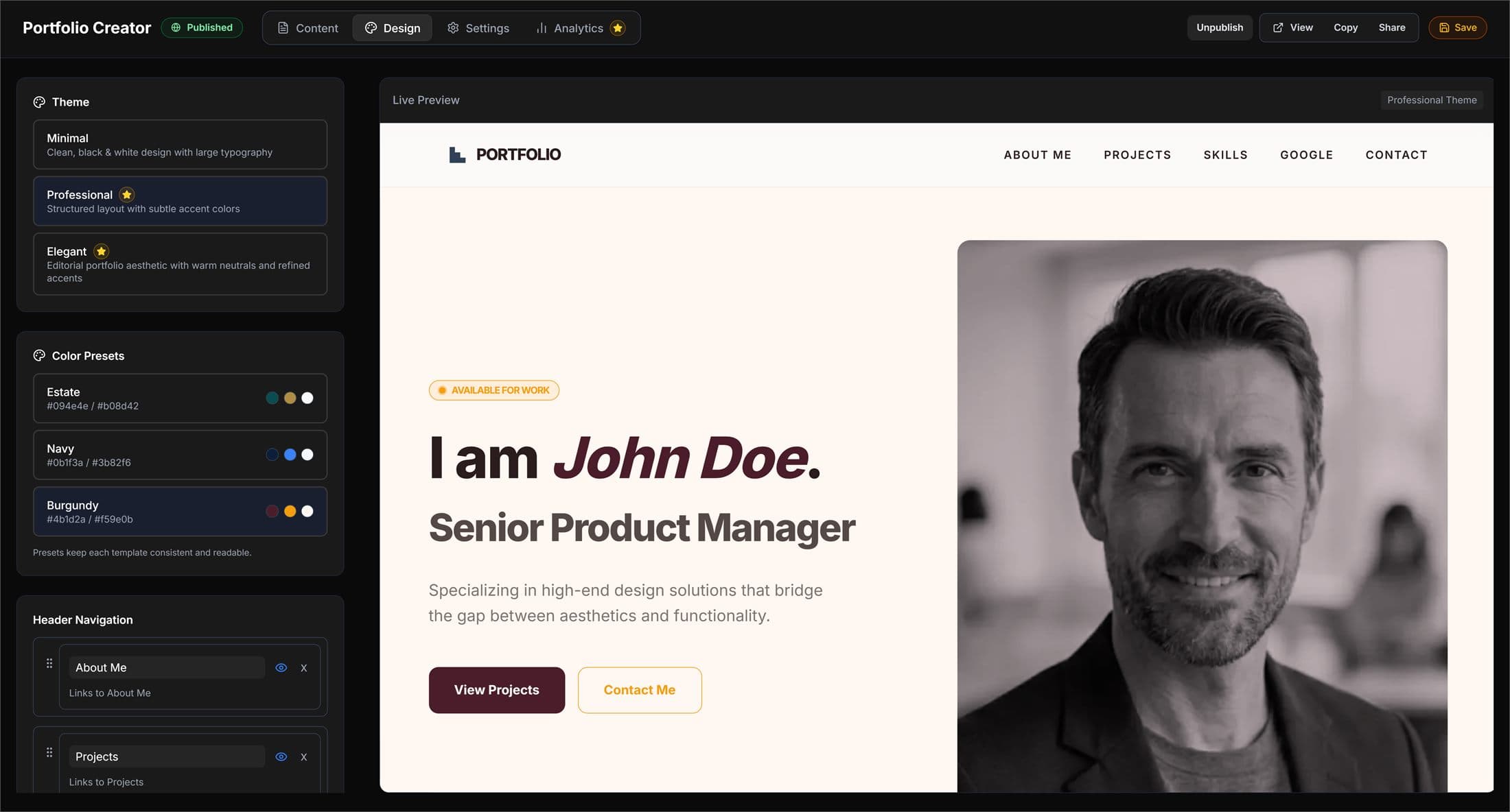 RoleRunner portfolio editor with live preview, content sections, and design controls