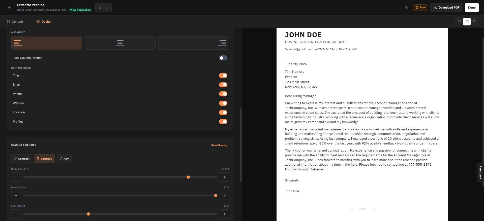 rolerunner cover letter dashboard with editor and design controls