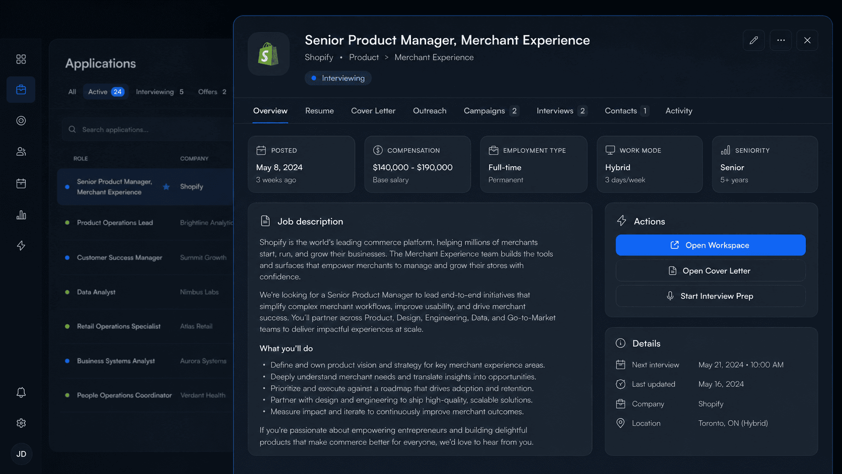 rolerunner application detail view showing a selected role, job description, action buttons, tabs, interviews, contacts, and role details