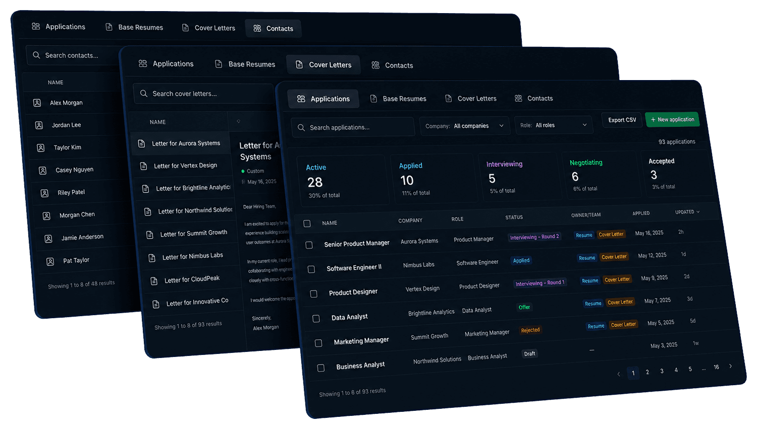 rolerunner application tracker, cover letter, and contacts tables stacked as connected workspace panels