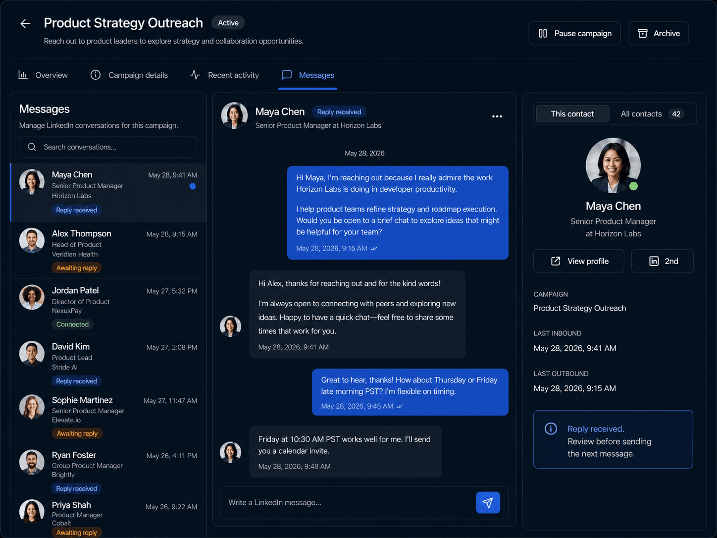 rolerunner outreach campaign messages workspace with automated connection messages, replies, and follow-up review
