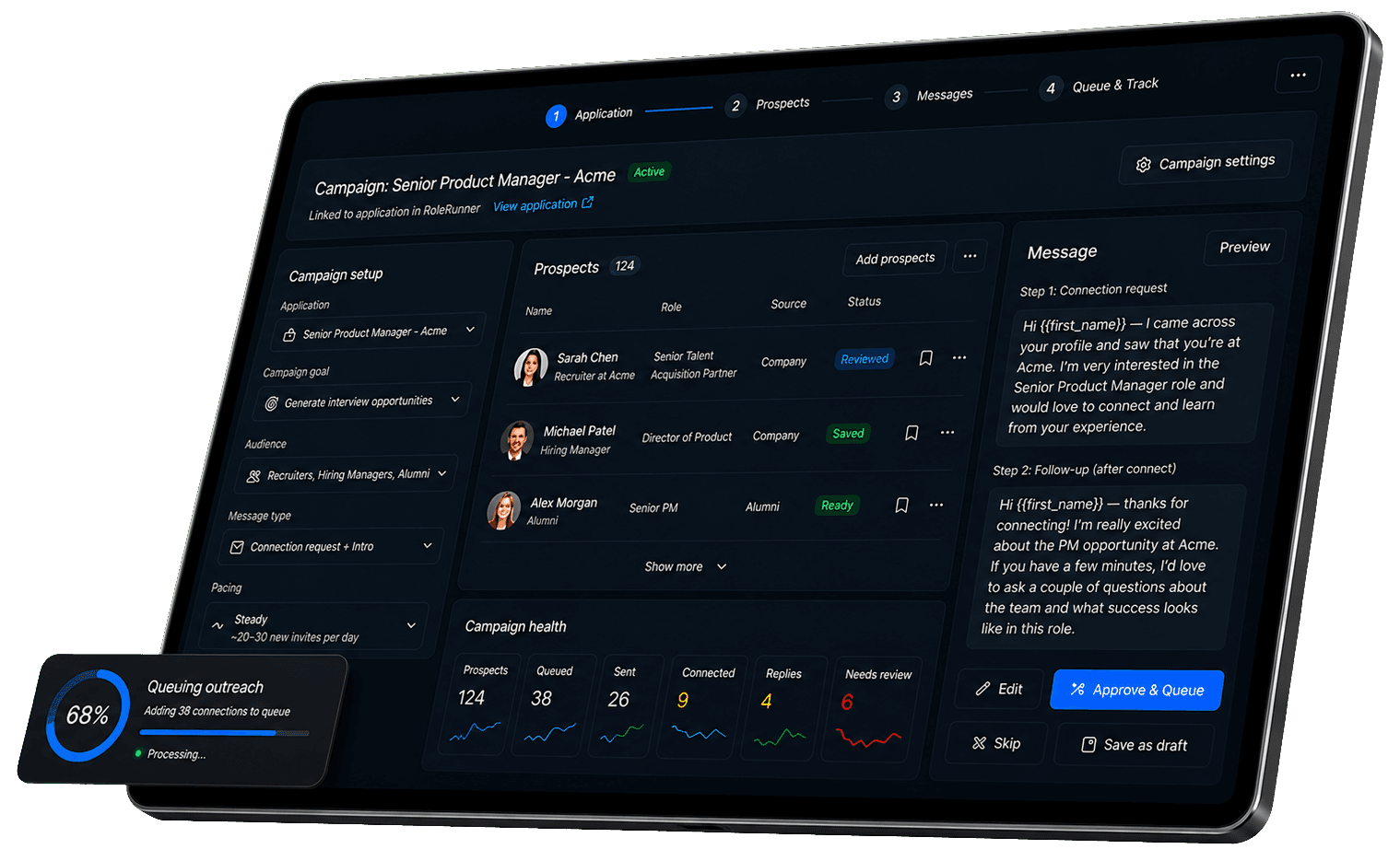 rolerunner LinkedIn outreach campaign workspace with prospect review, message approval, campaign health, and queued outreach