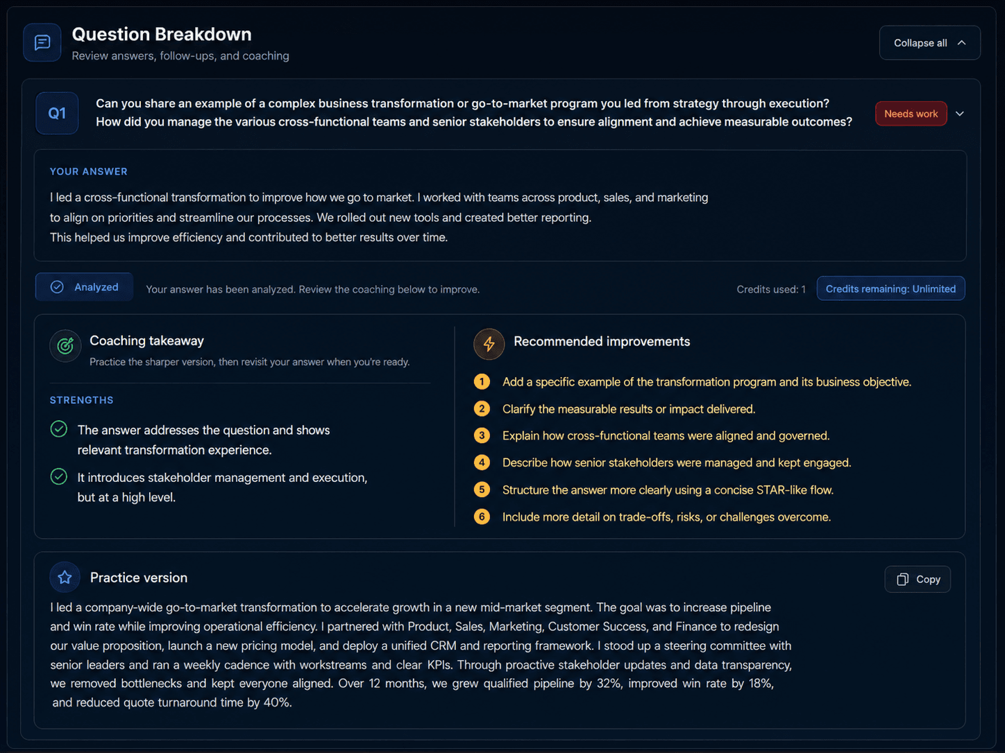 RoleRunner question breakdown showing answer coaching, recommended improvements, and a practice version