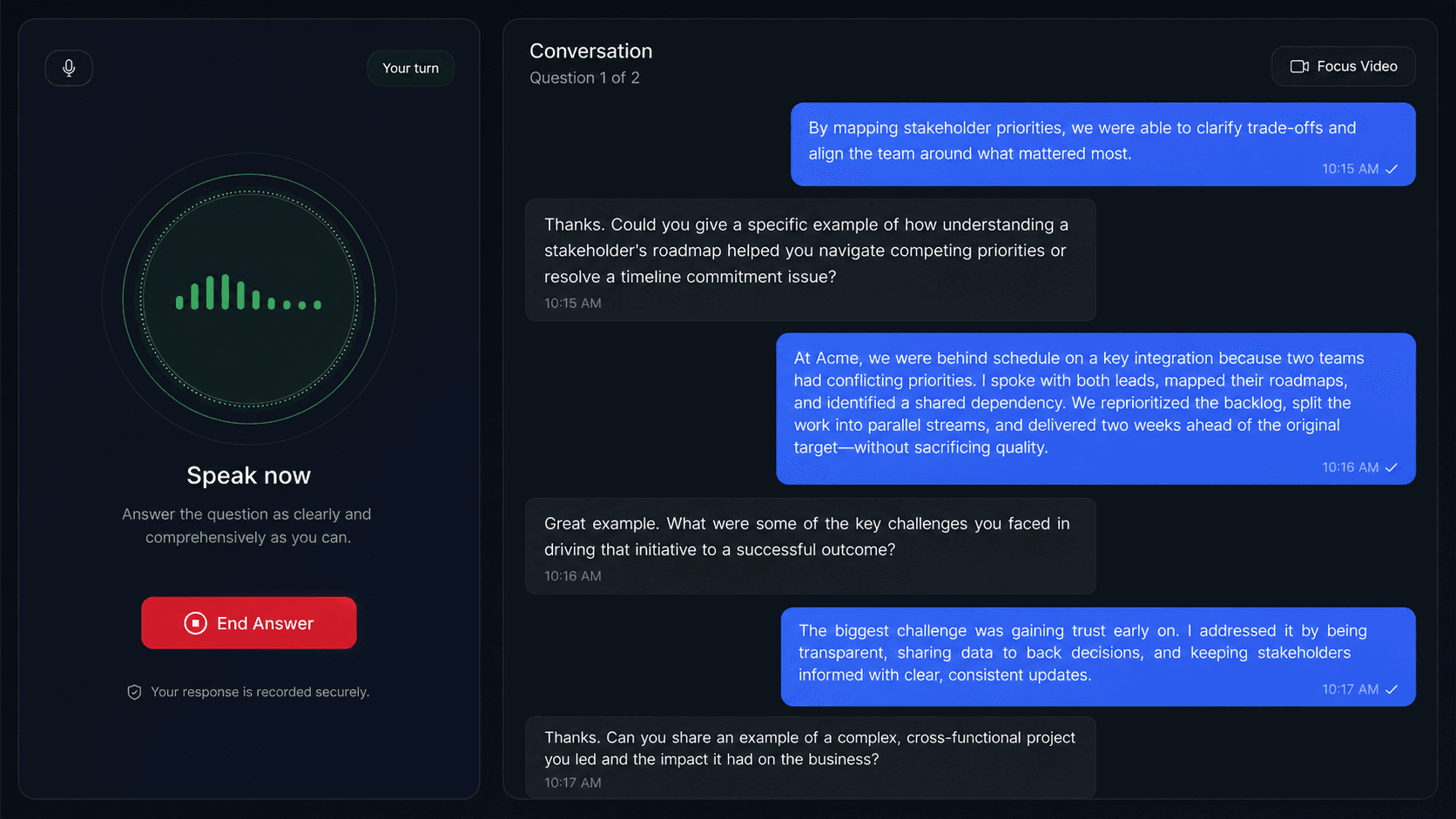 RoleRunner mock interview conversation with voice practice controls and interview follow-up questions