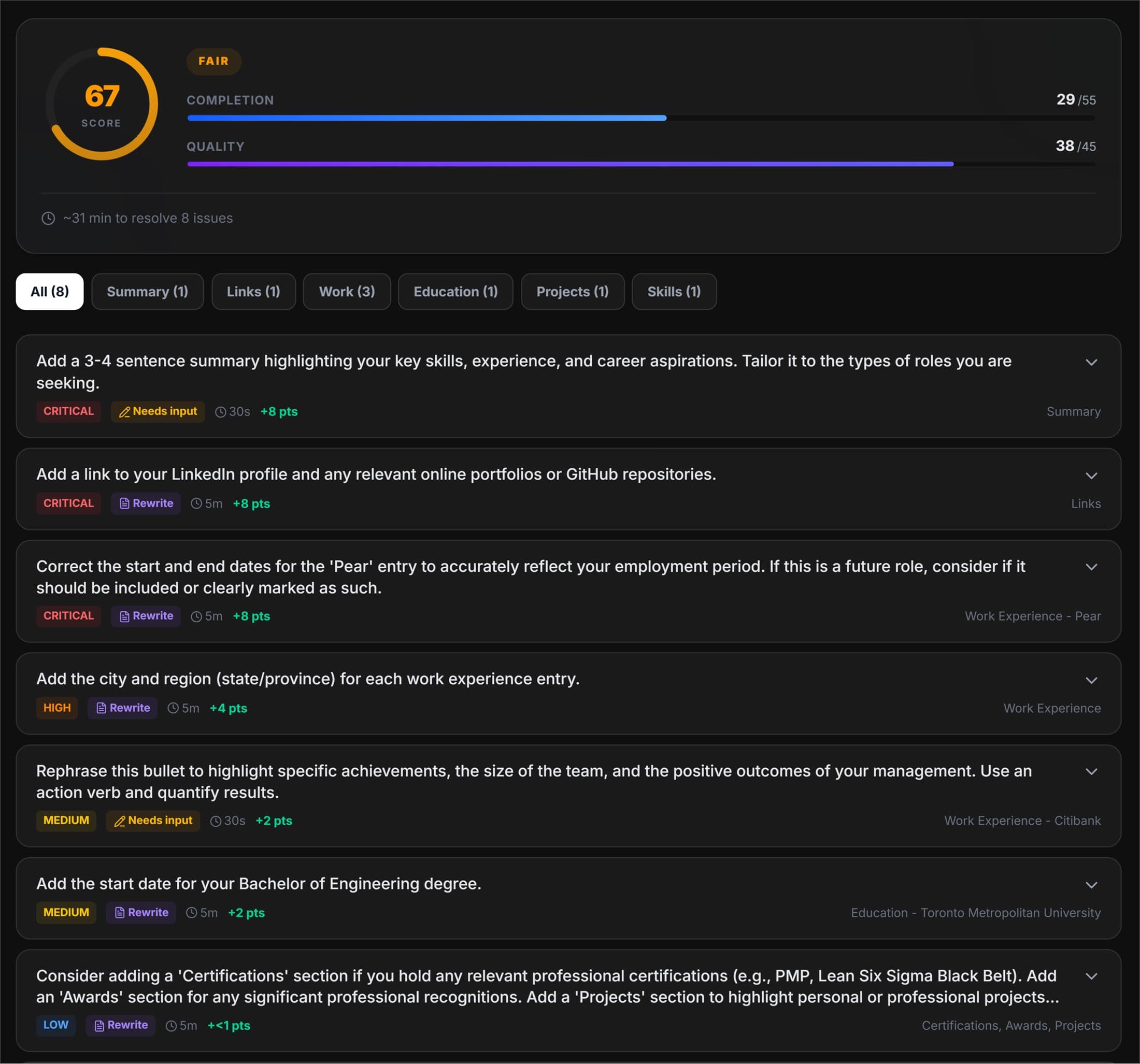 Resume analysis and editing tools inside the rolerunner workspace