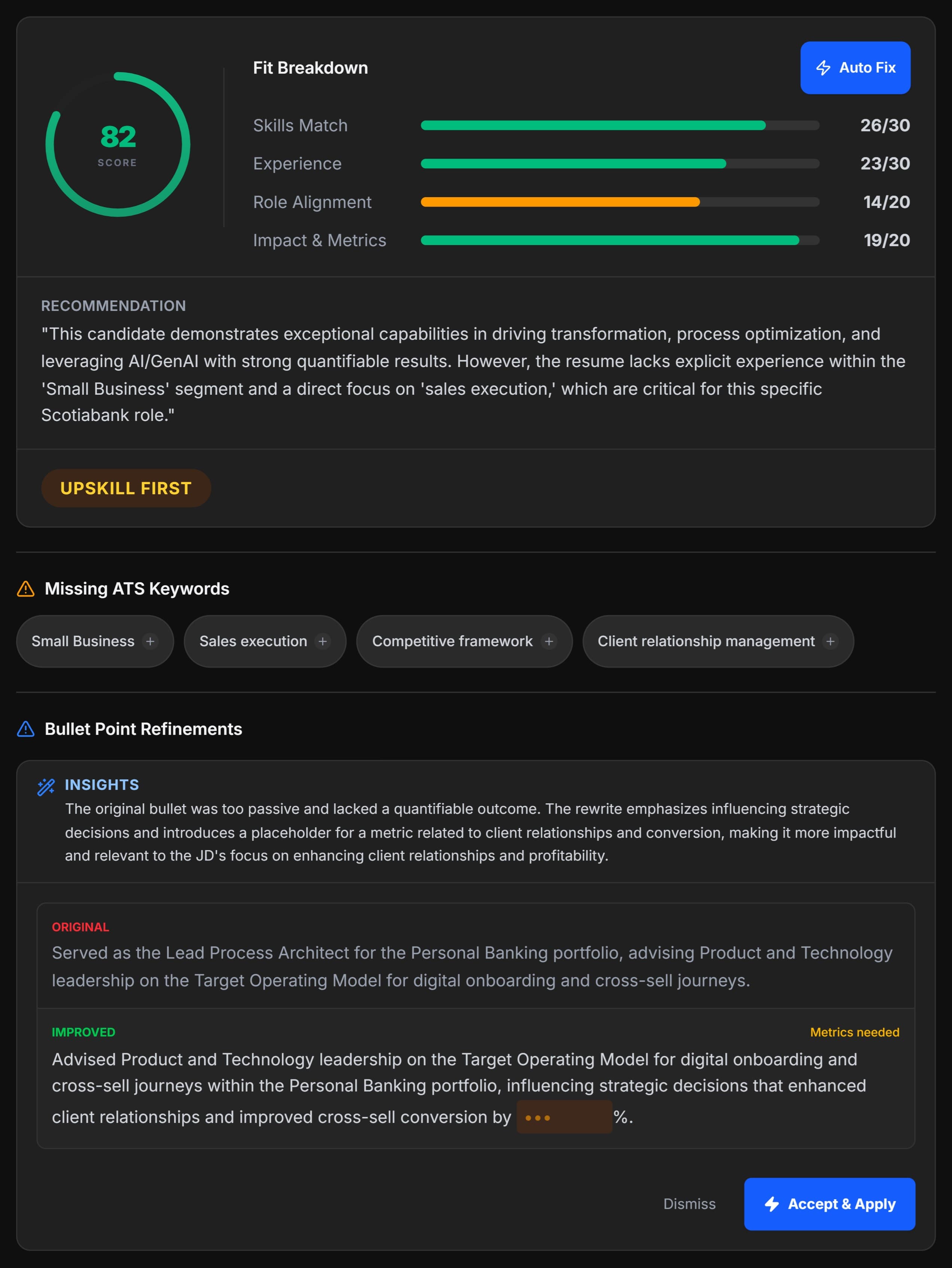 Resume analysis inside rolerunner with a job-fit summary and targeted suggestions